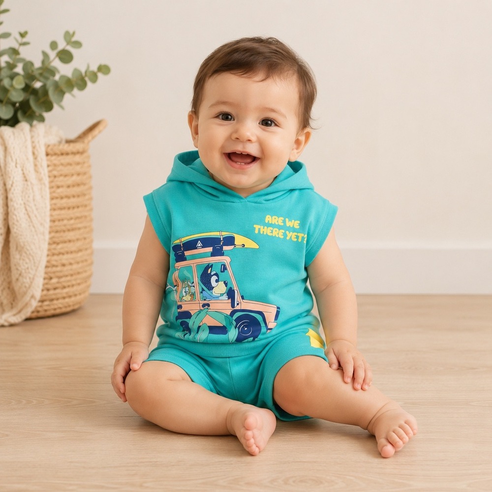 Bluey Kids Sleeveless Hoodie and Shorts Set Teal Are We There Yet Graphic 12M